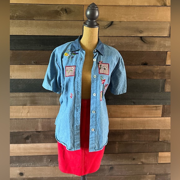 90s Vintage Teddi Blue Cotton Short Sleeves Patchwork Collared Button Up Shirt - Picture 1 of 11